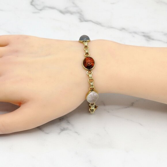 Vintage 12K Gold Filled Aumara Scarab Beetle Egyptian Revival Gemstone Bracelet - Picture 4 of 10